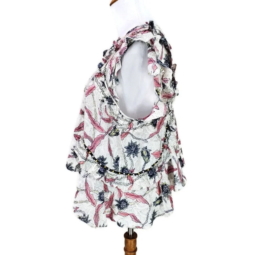 ISABEL MARANT 40 Unice Floral Print Ruffled Top Pink White Black Blouse Ecru - Picture 10 of 16